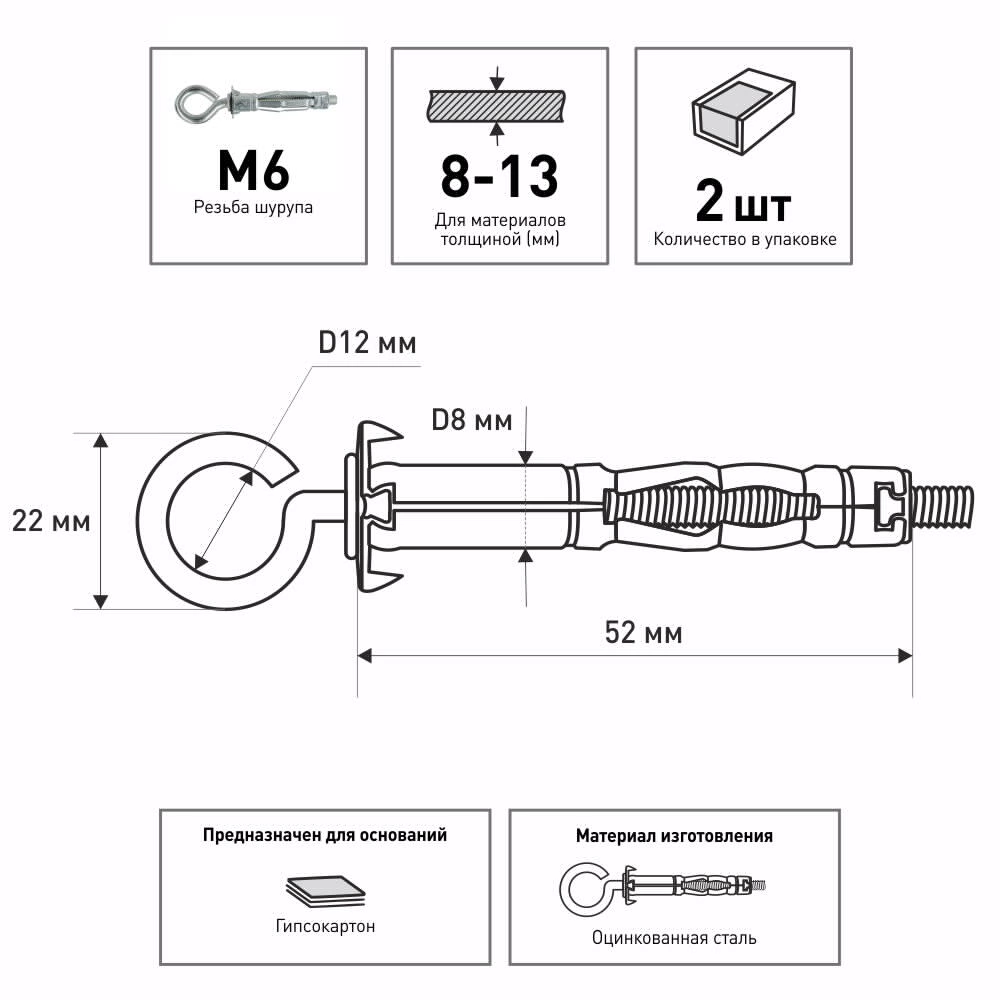Дюбель Молли М6, 2 шт c кольцом для листа до 13 мм ЕВРОПАРТНЕР MULTI PRO