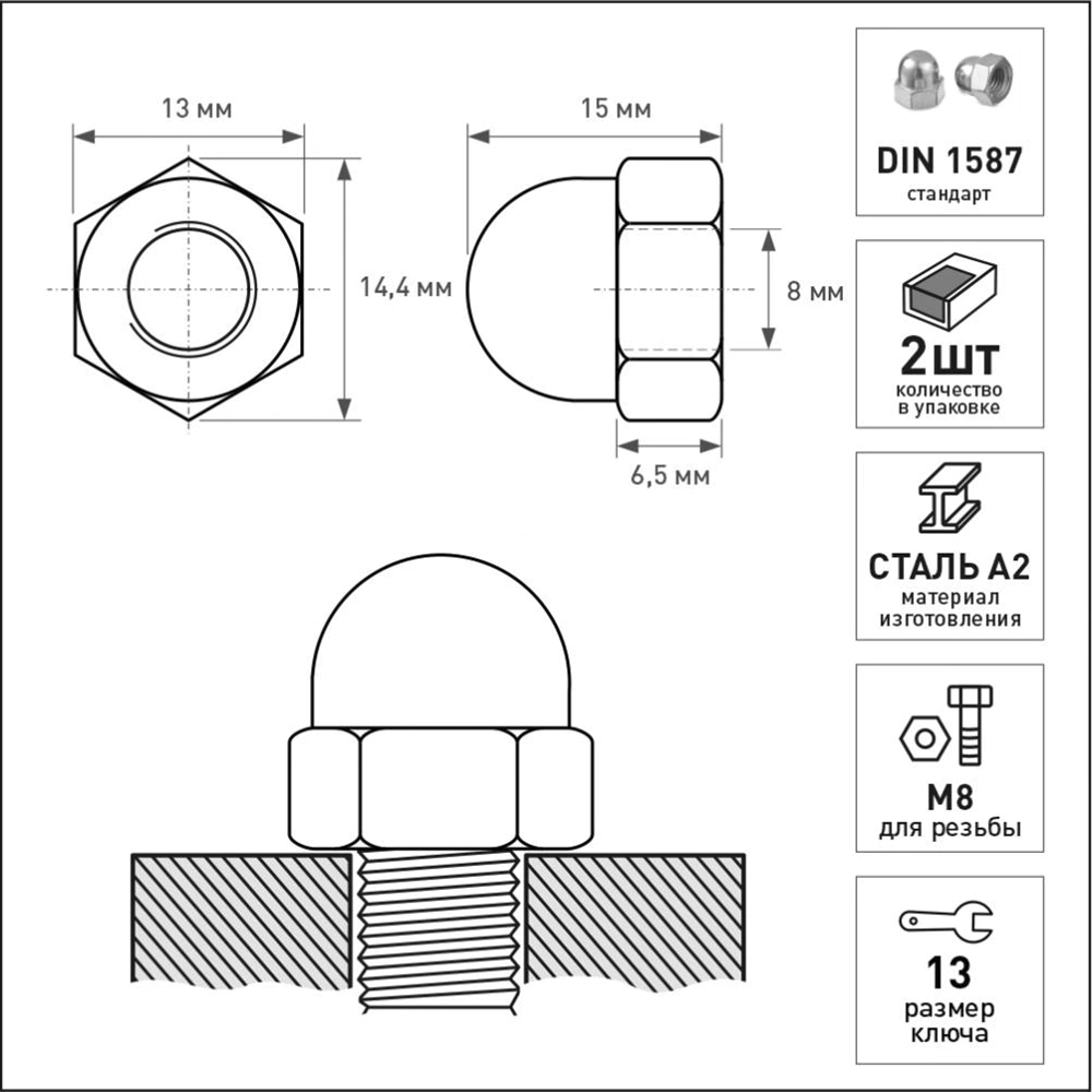 Гайка колпачковая FIXBERG DIN1587 нержавеющая М8 2 шт