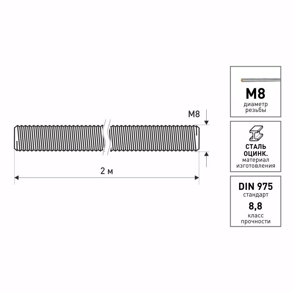Шпилька резьбовая М8х2000 мм класс прочности 8.8 DIN 975 ZITAR
