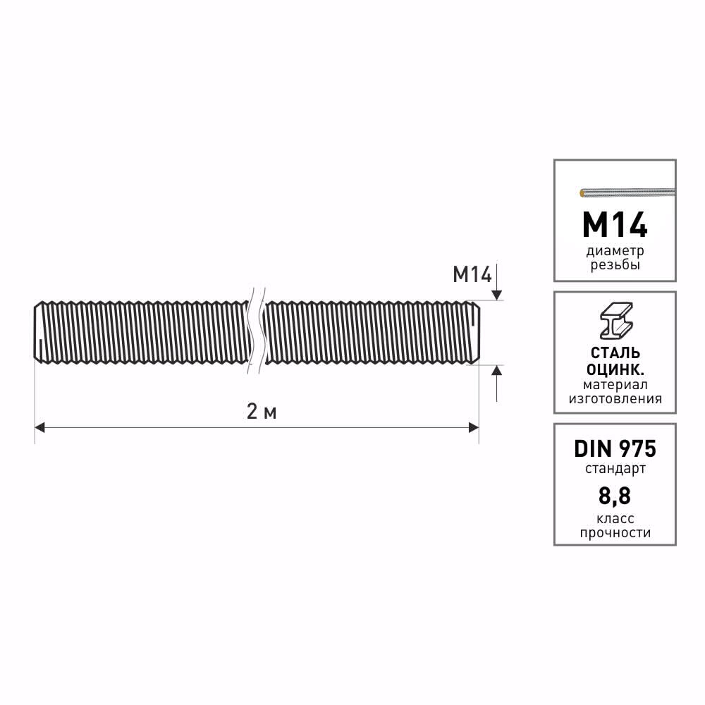 Шпилька резьбовая М14х2000 мм класс прочности 8.8 DIN 975 ZITAR