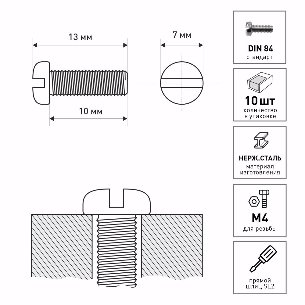 Винт М4x10 мм 10 шт DIN84 с цилиндрической головкой нержавеющая сталь FIXBERG