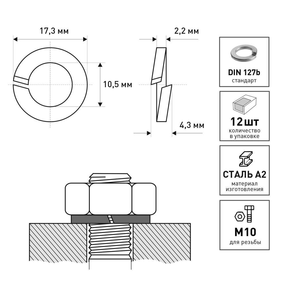 Шайба пружинная 10 мм 12 шт DIN127 нержавеющая сталь FIXBERG