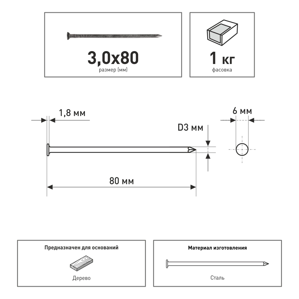 Гвозди строительные 3,0x80 мм 1 кг ZITAR