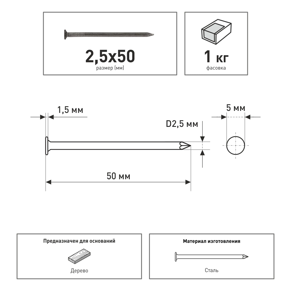 Гвозди строительные 2,5x50 мм 1 кг ZITAR