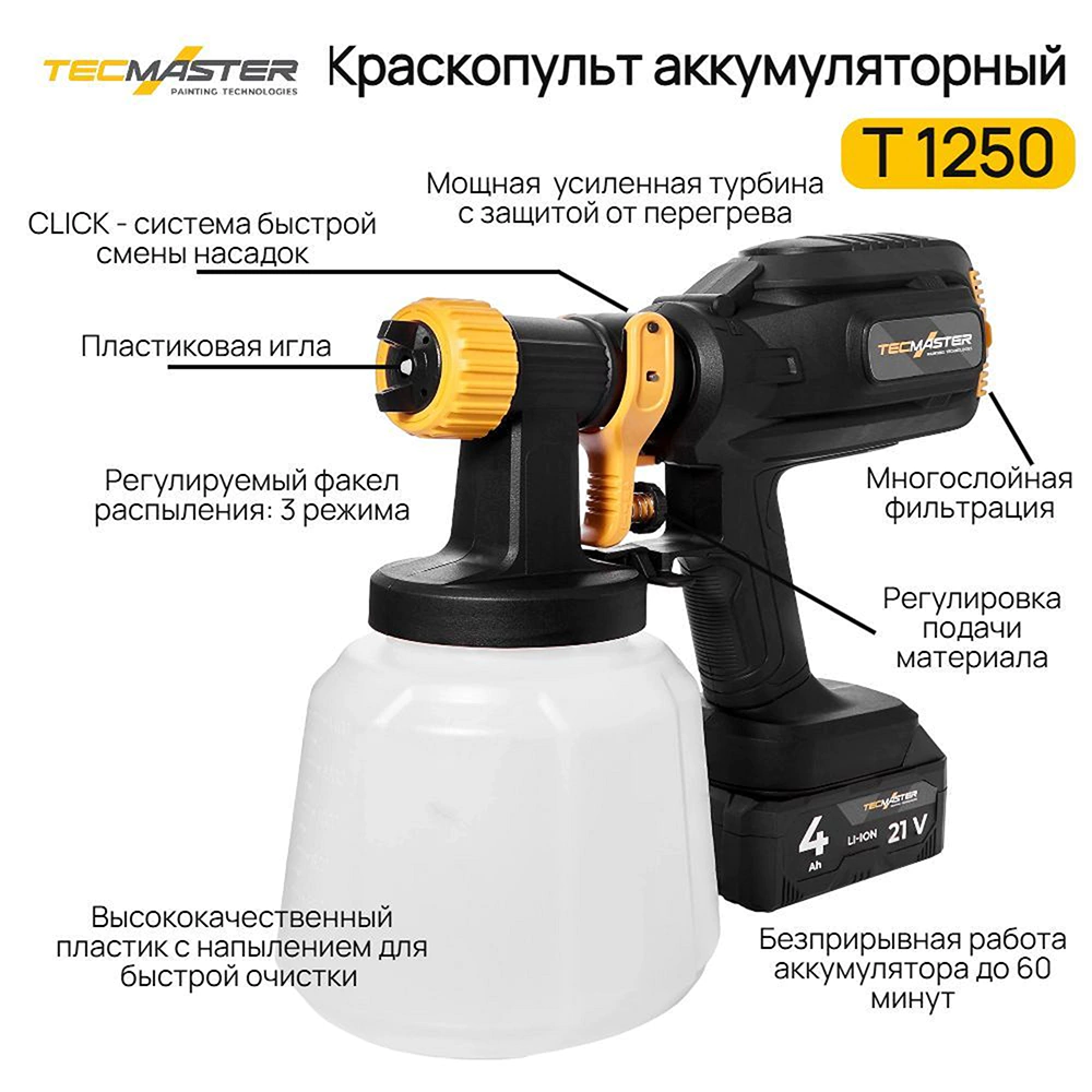 Краскопульт аккумуляторный 21 В 1х4,0 Ач 1,4 л TECMASTER Т1250