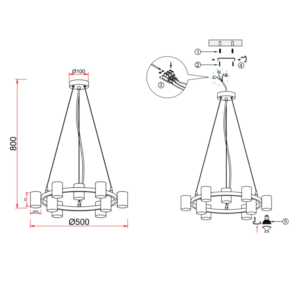 Люстра подвесная Rivoli Хлоя 9х15 Вт GU10 черный/золото