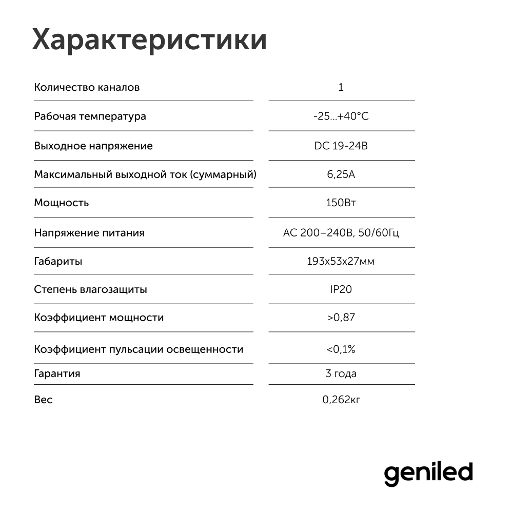 Блок питания регулируемый 24 В 150 Вт плавный пуск Geniled