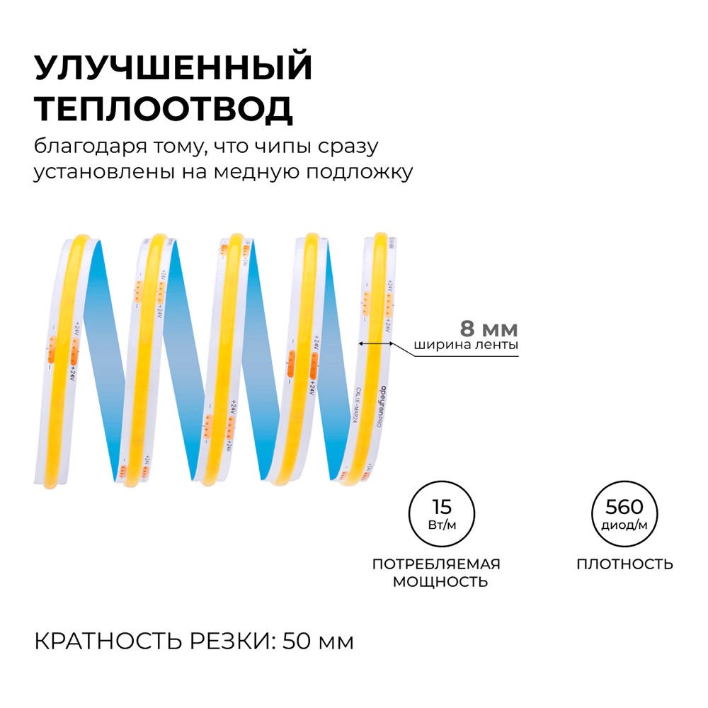Светодиодная лента COB 24 В 15 Вт/м IP20 1200 Лм/м 8 мм 10 м теплый свет Apeyron