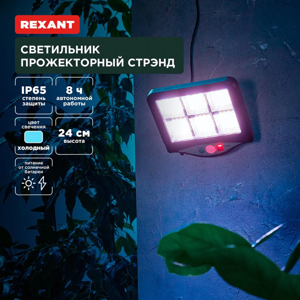 Прожектор уличный REXANT Стрэнд на солнечной батарее 6500 К IP65 3 режима