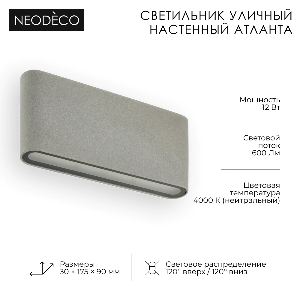 Светильник уличный настенный 2х6 Вт 4000 К IP54 серый NEODECO Атланта