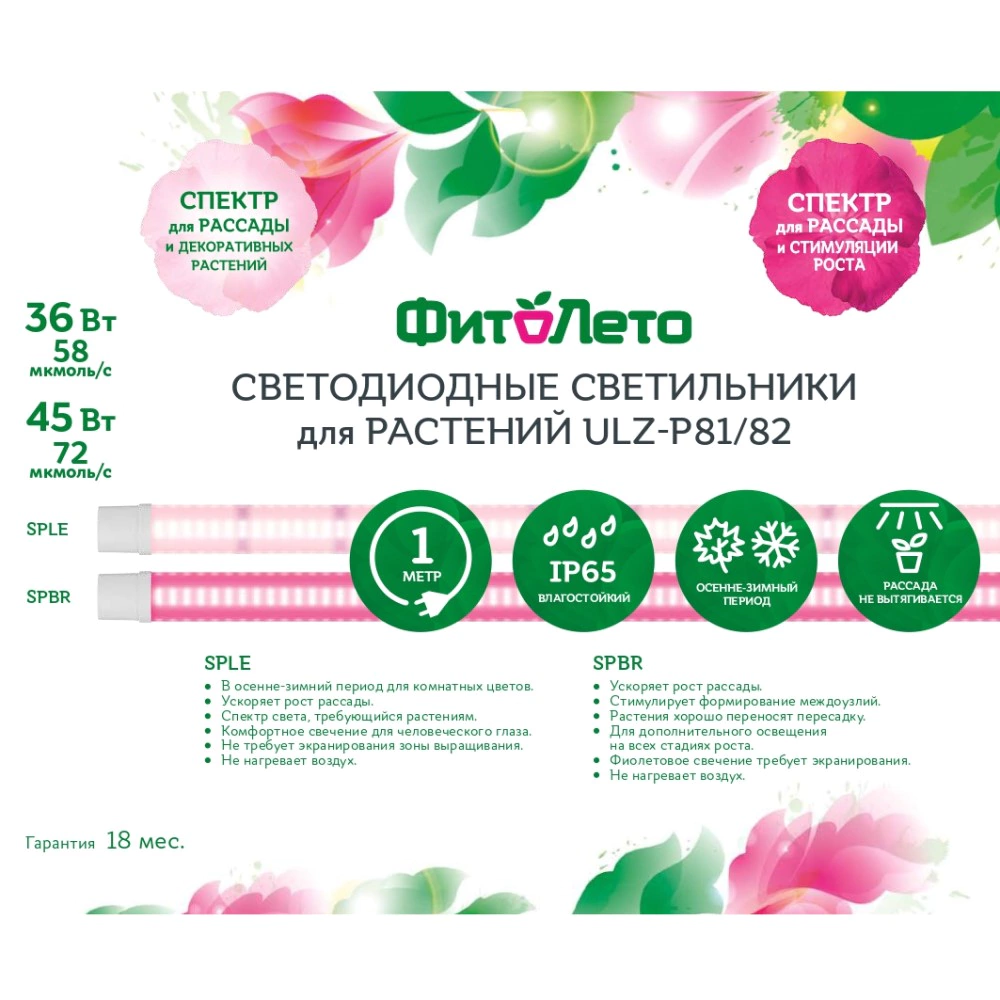 Светильник для растений ФитоЛето 45 Вт красно-синий спектр SPBR 72 мкмоль/с 1500 мм