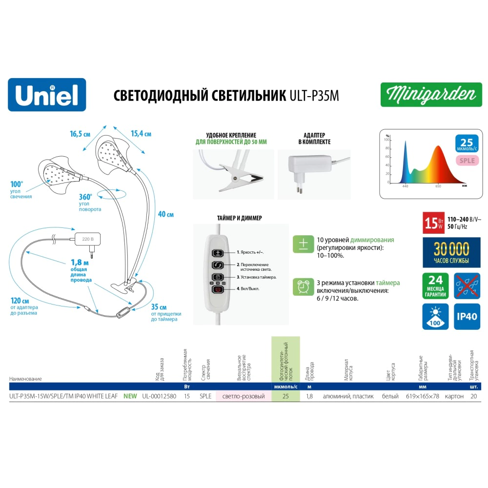 Светильник настольный Uniel на прищепке с таймером 15 Вт полный спектр SPLE