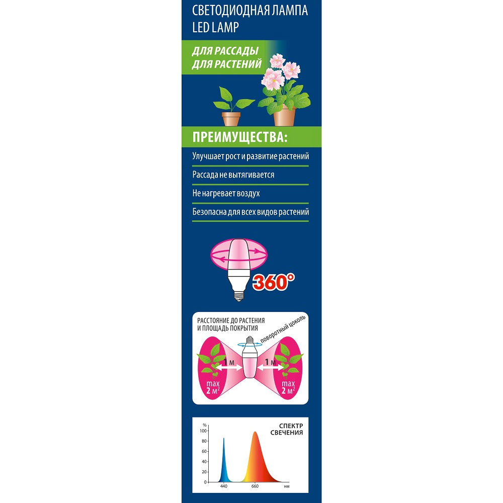 Лампа диодная для растений Uniel 12 Вт Е27 двусторонняя