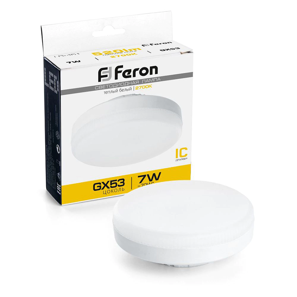 Светодиодная лампа 7 Вт GX53 теплый свет Feron