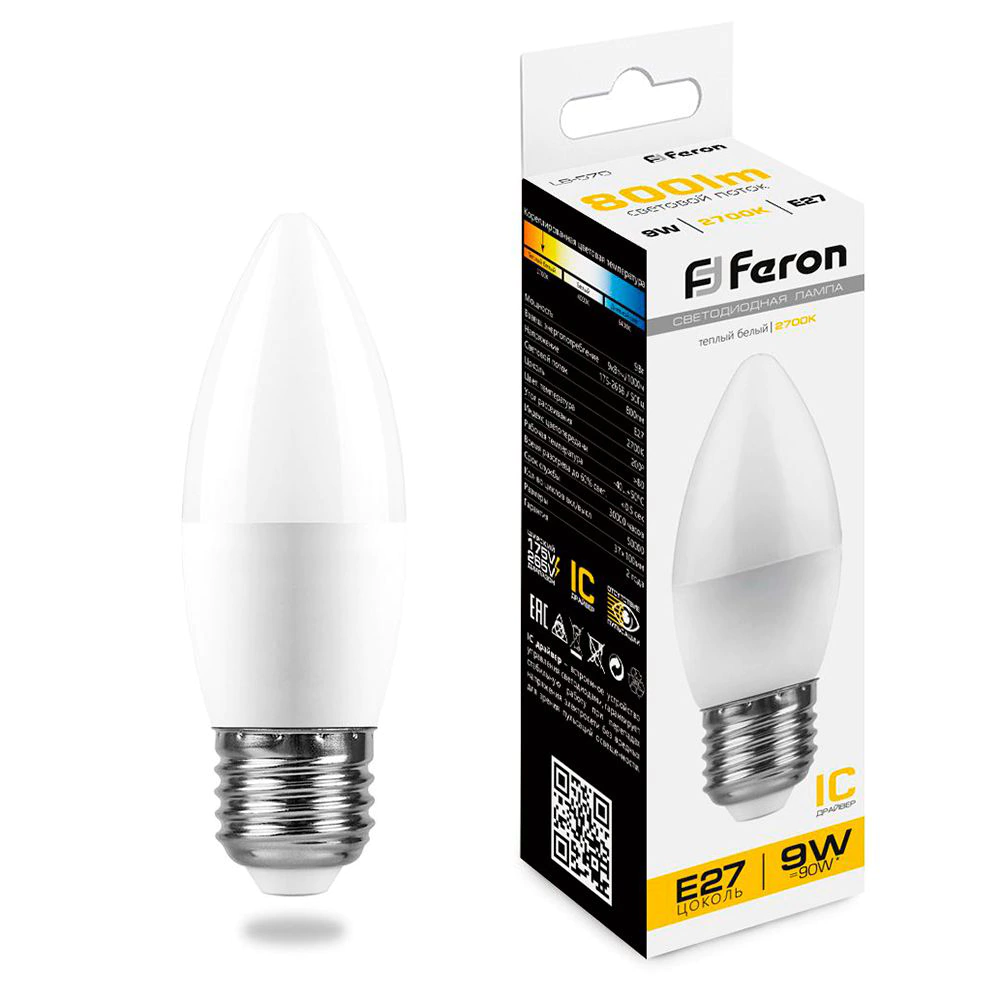 Светодиодная лампа 9 Вт Е27/В теплый свет Feron