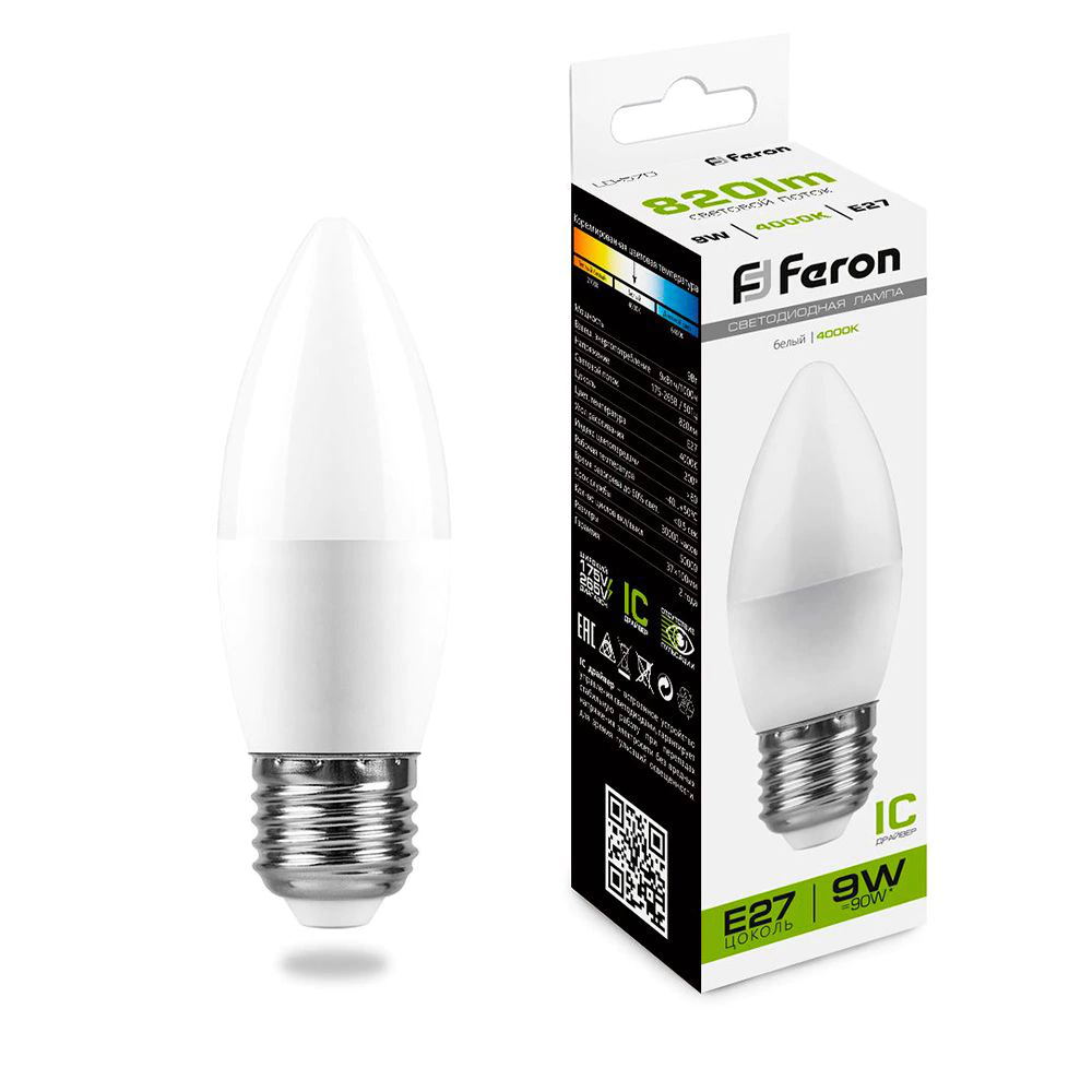 Светодиодная лампа 9 Вт Е27/В нейтральный свет Feron