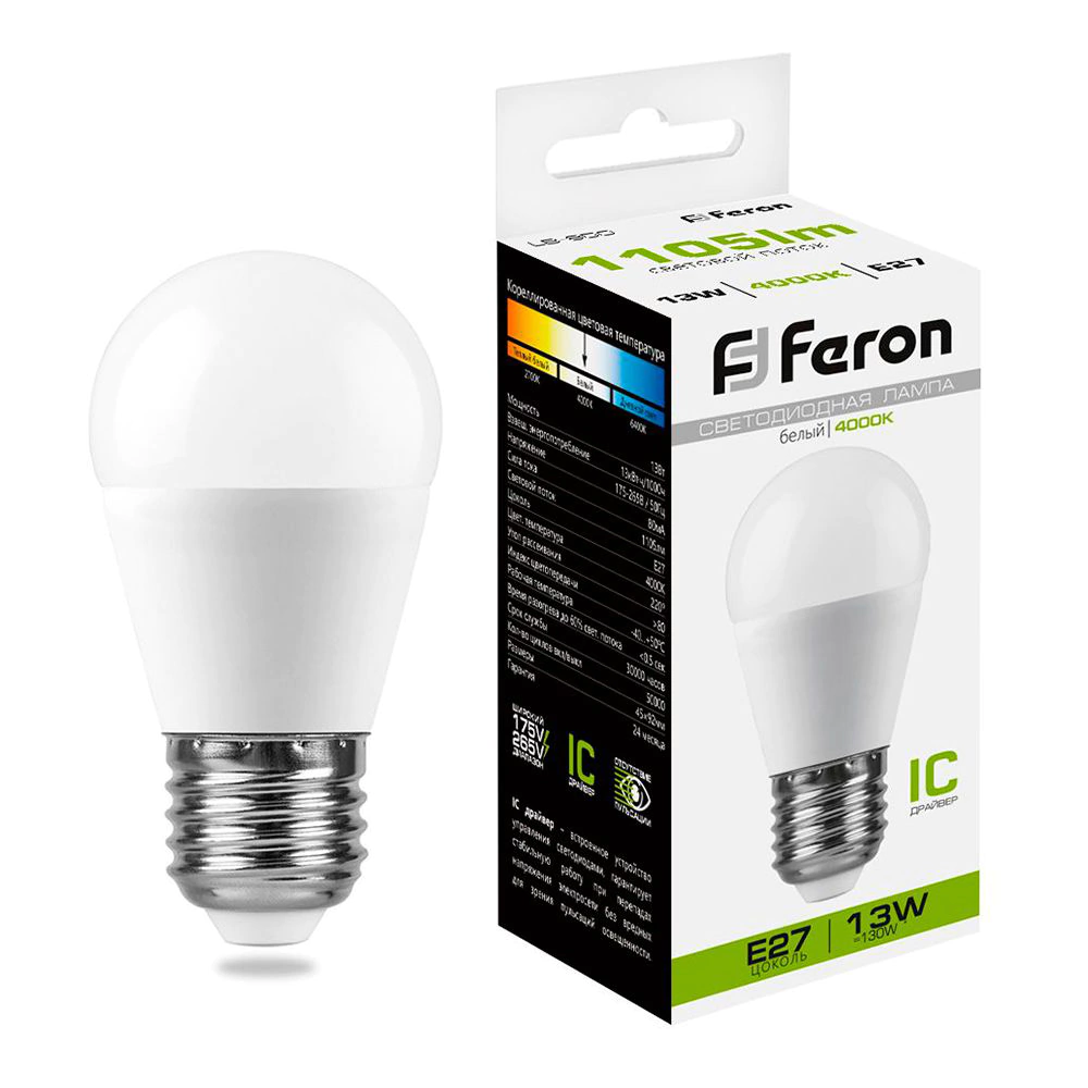 Светодиодная лампа 13 Вт Е27/Р нейтральный свет Feron