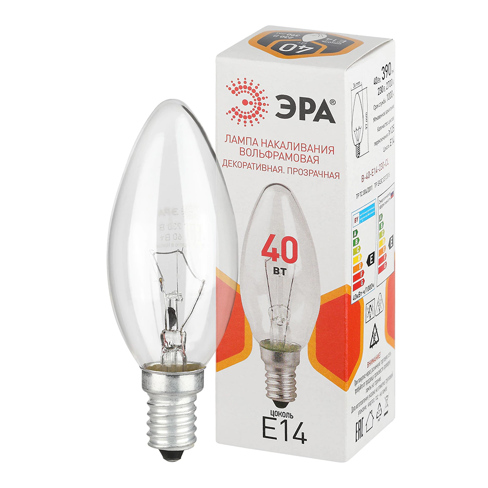 Лампа накаливания 40 Вт E14/В прозрачная ЭРА