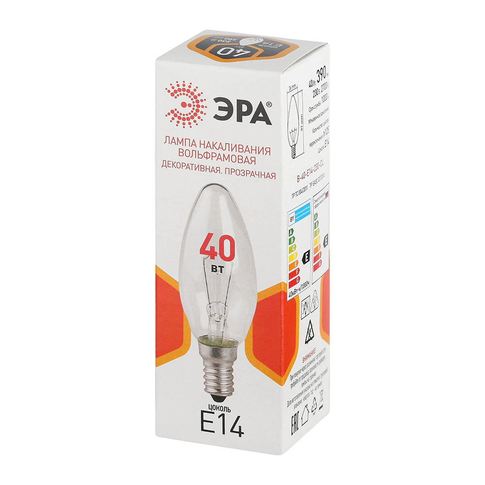 Лампа накаливания 40 Вт E14/В прозрачная ЭРА