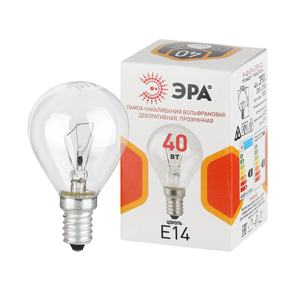 Лампа накаливания 40 Вт E14/Р прозрачная ЭРА