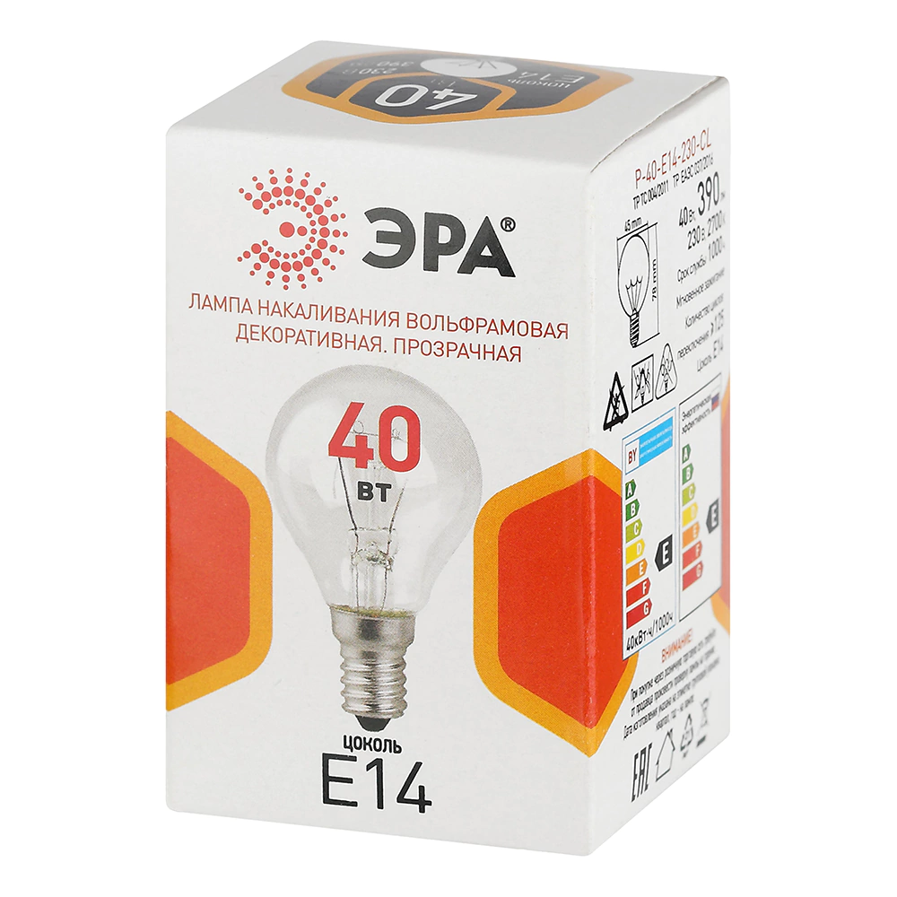 Лампа накаливания 40 Вт E14/Р прозрачная ЭРА