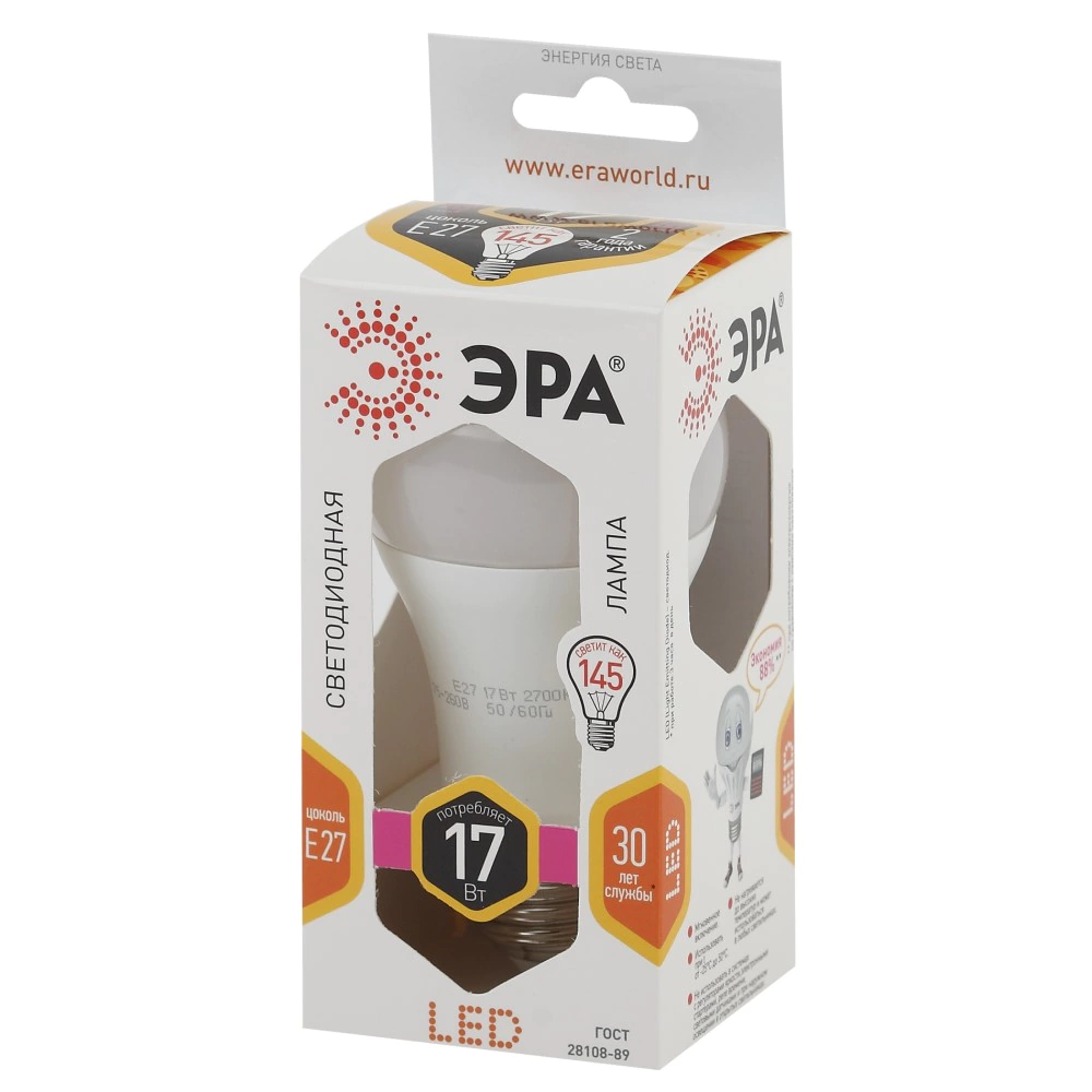 Светодиодная лампа ЭРА 17 Вт E27/А теплый свет