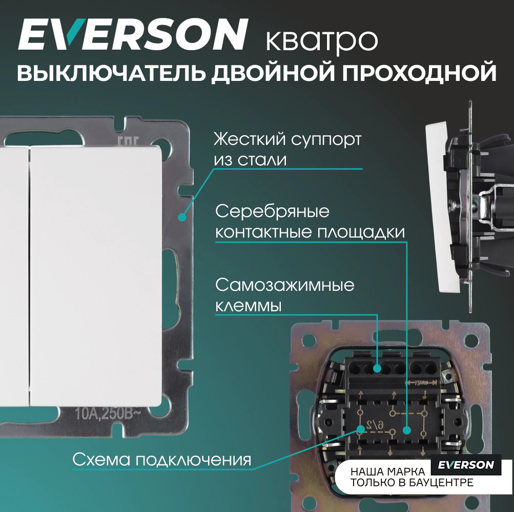Выключатель двухклавишный проходной EVERSON Кватро без рамки белый матовый