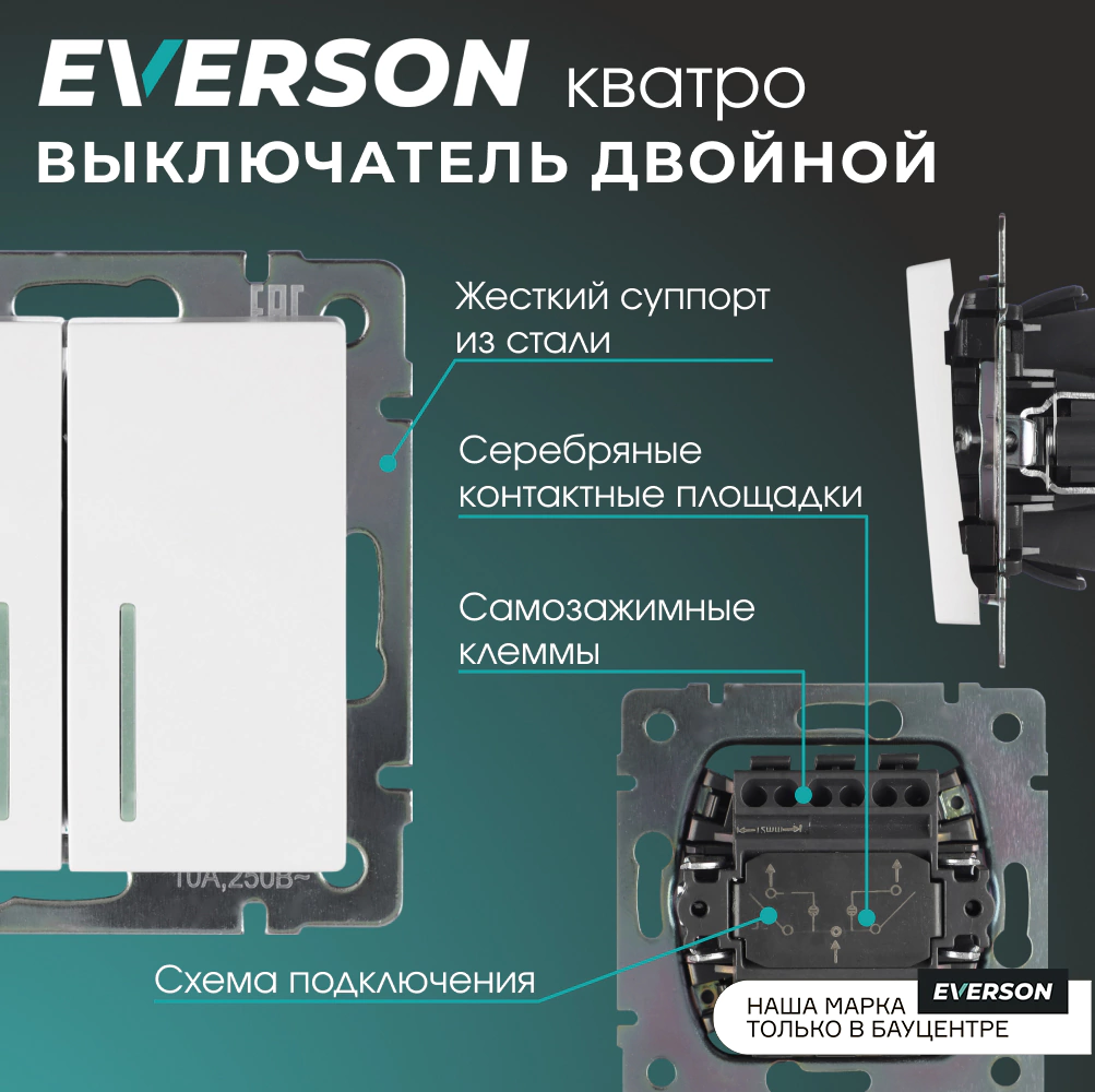 Выключатель двойной EVERSON Кватро с подсветкой без рамки белый матовый
