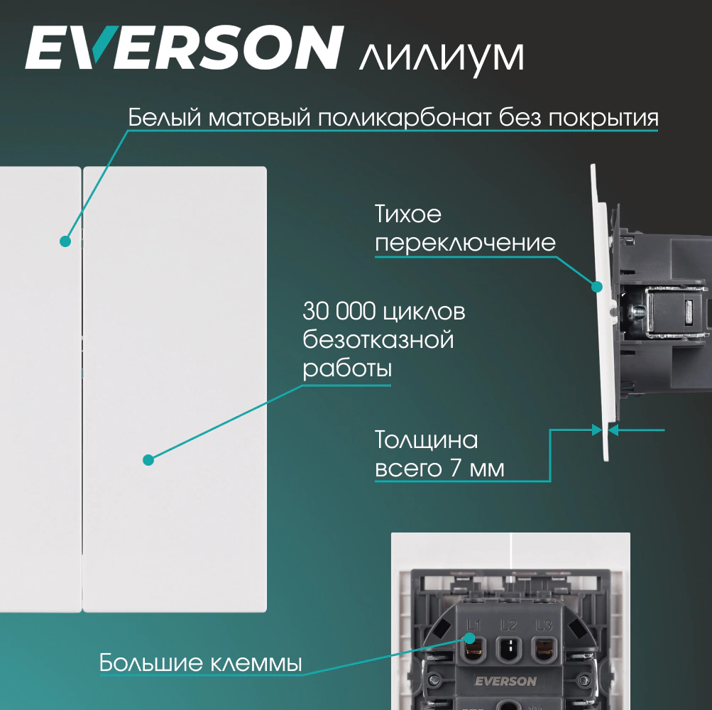 Выключатель двойной белый матовый без рамки EVERSON Лилиум