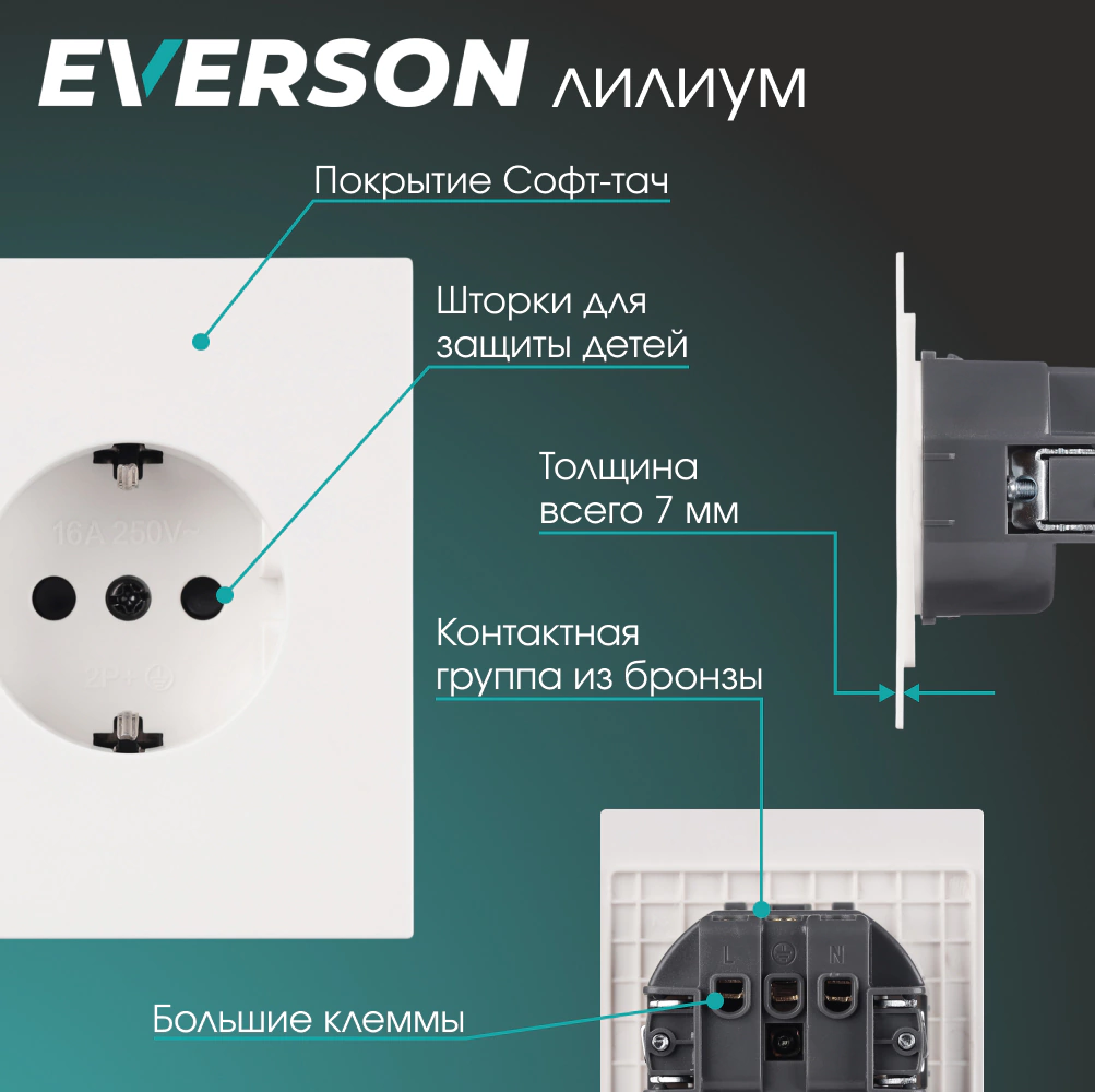 Розетка с заземлением белый матовый без рамки EVERSON Лилиум