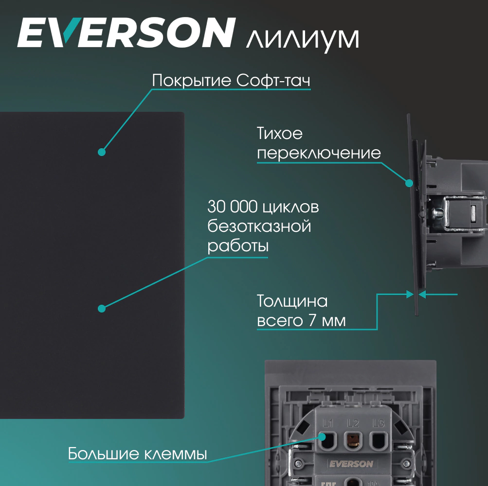 Выключатель черный матовый без рамки EVERSON Лилиум