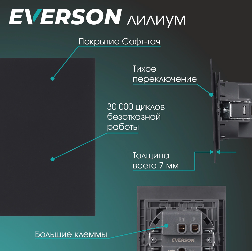 Выключатель проходной черный матовый без рамки EVERSON Лилиум