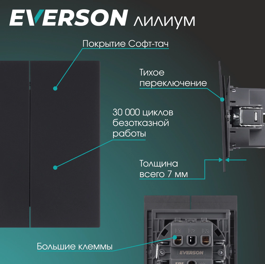 Выключатель двойной проходной черный матовый без рамки EVERSON Лилиум