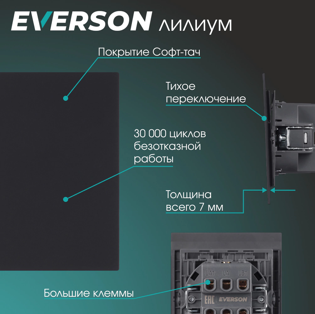 Выключатель перекрестный EVERSON Лилиум без рамки черный матовый