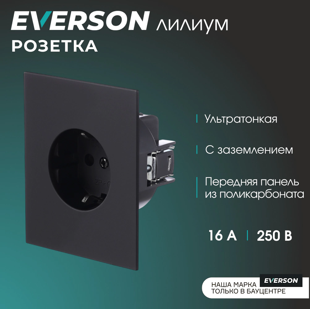 Розетка с заземлением черный матовый без рамки EVERSON Лилиум