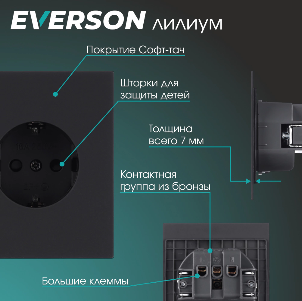 Розетка с заземлением черный матовый без рамки EVERSON Лилиум