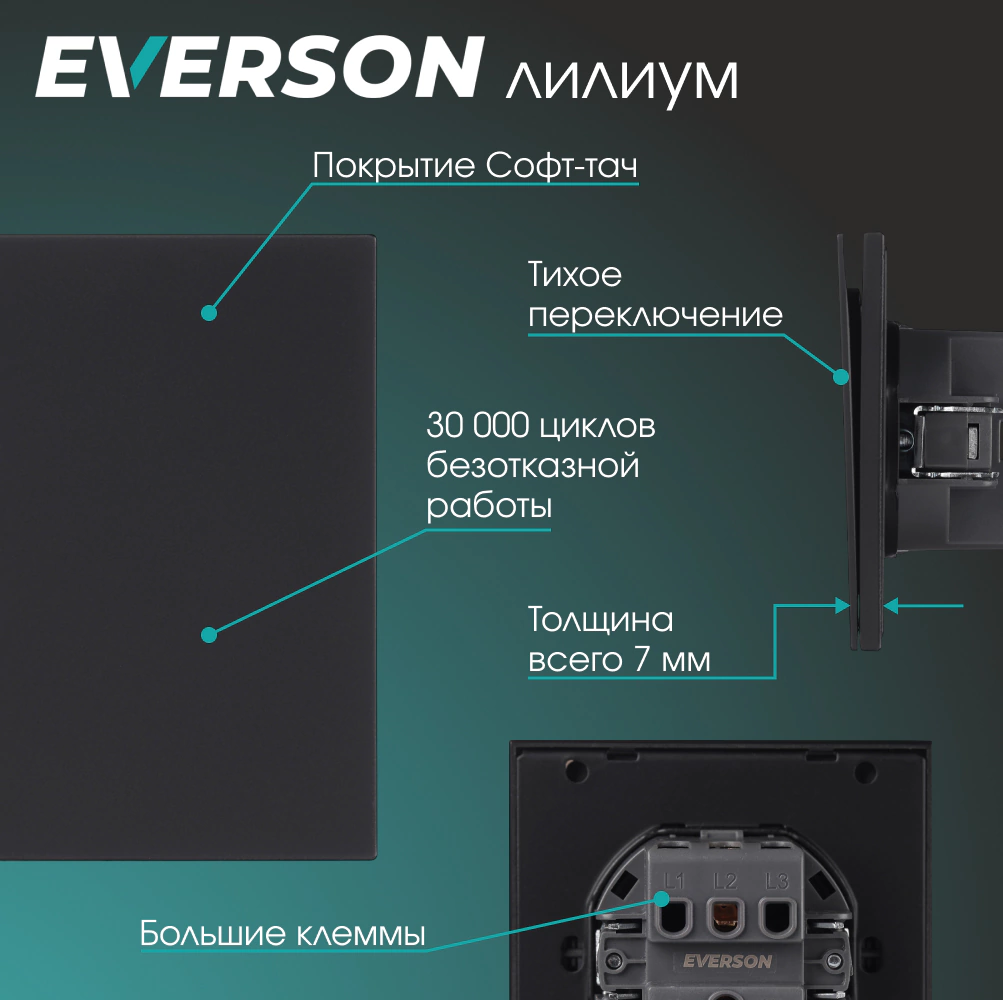 Выключатель черный матовый со скрытой рамкой EVERSON Лилиум