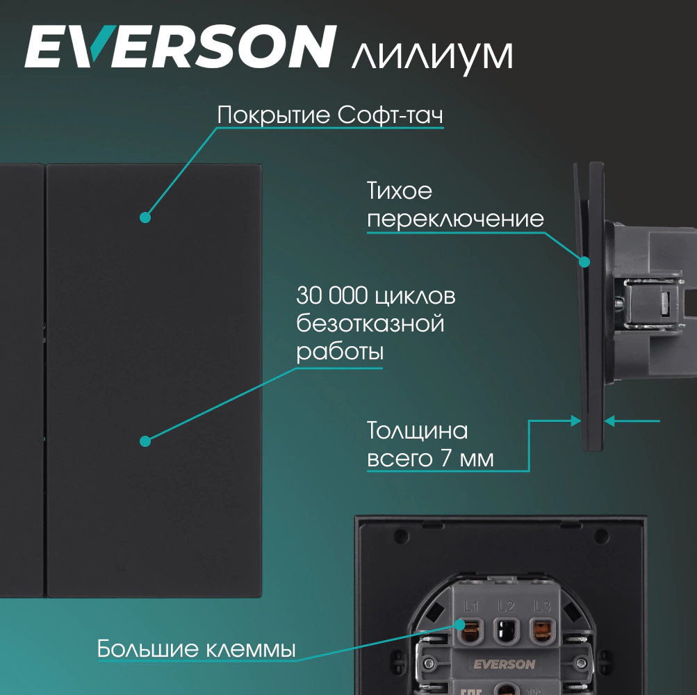 Выключатель двойной черный матовый со скрытой рамкой EVERSON Лилиум