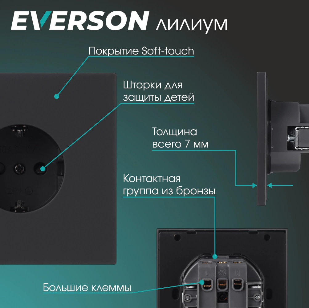 Розетка с заземлением черный матовый со скрытой рамкой EVERSON Лилиум