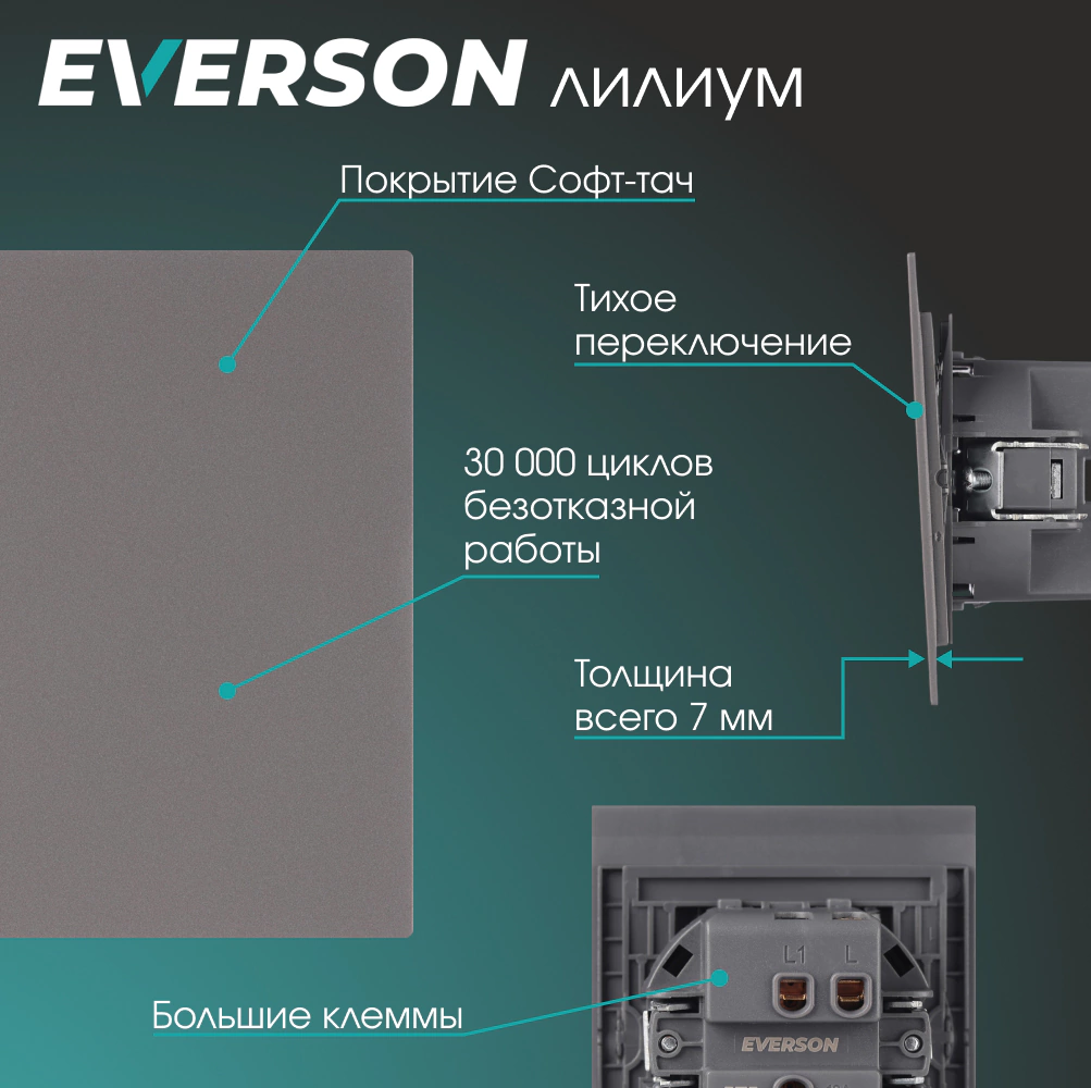 Выключатель проходной серый матовый без рамки EVERSON Лилиум