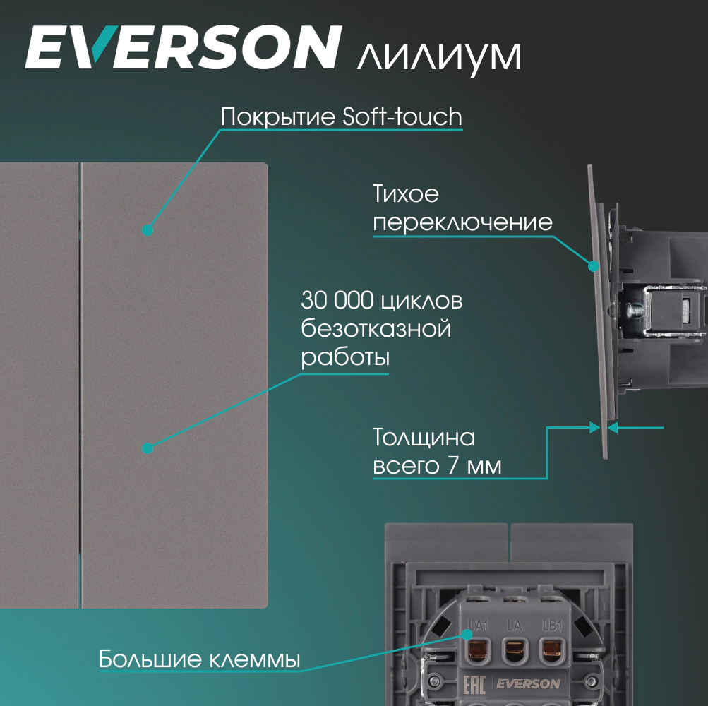 Выключатель двойной проходной серый матовый без рамки EVERSON Лилиум