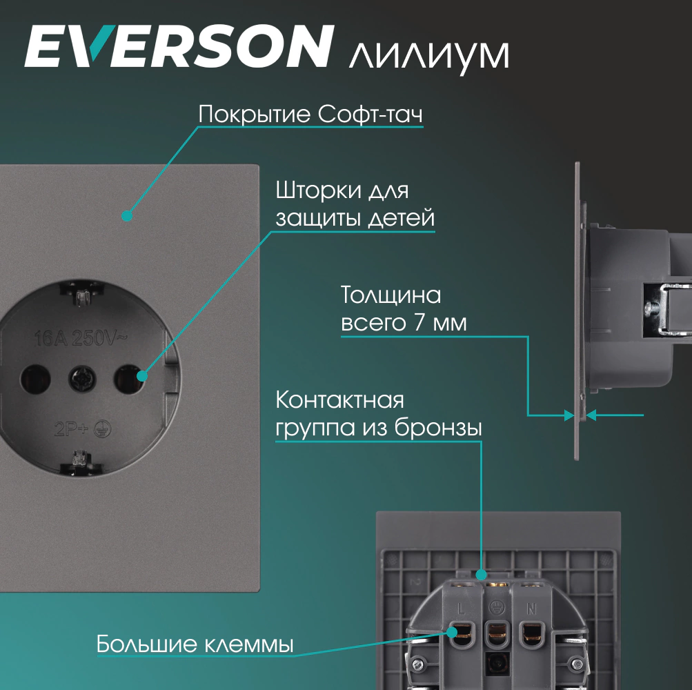 Розетка с заземлением серый матовый без рамки EVERSON Лилиум