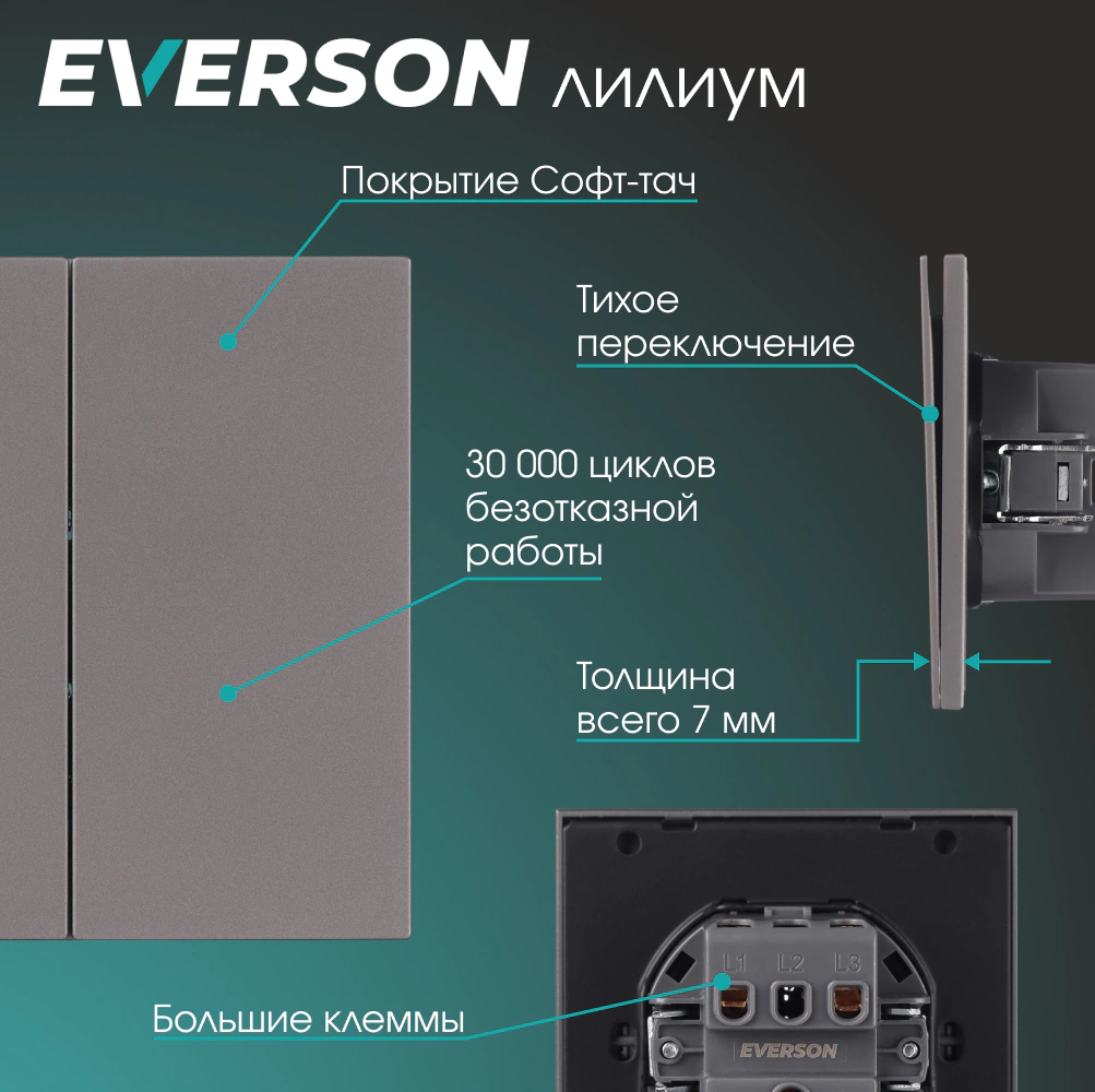 Выключатель двойной серый матовый со скрытой рамкой EVERSON Лилиум