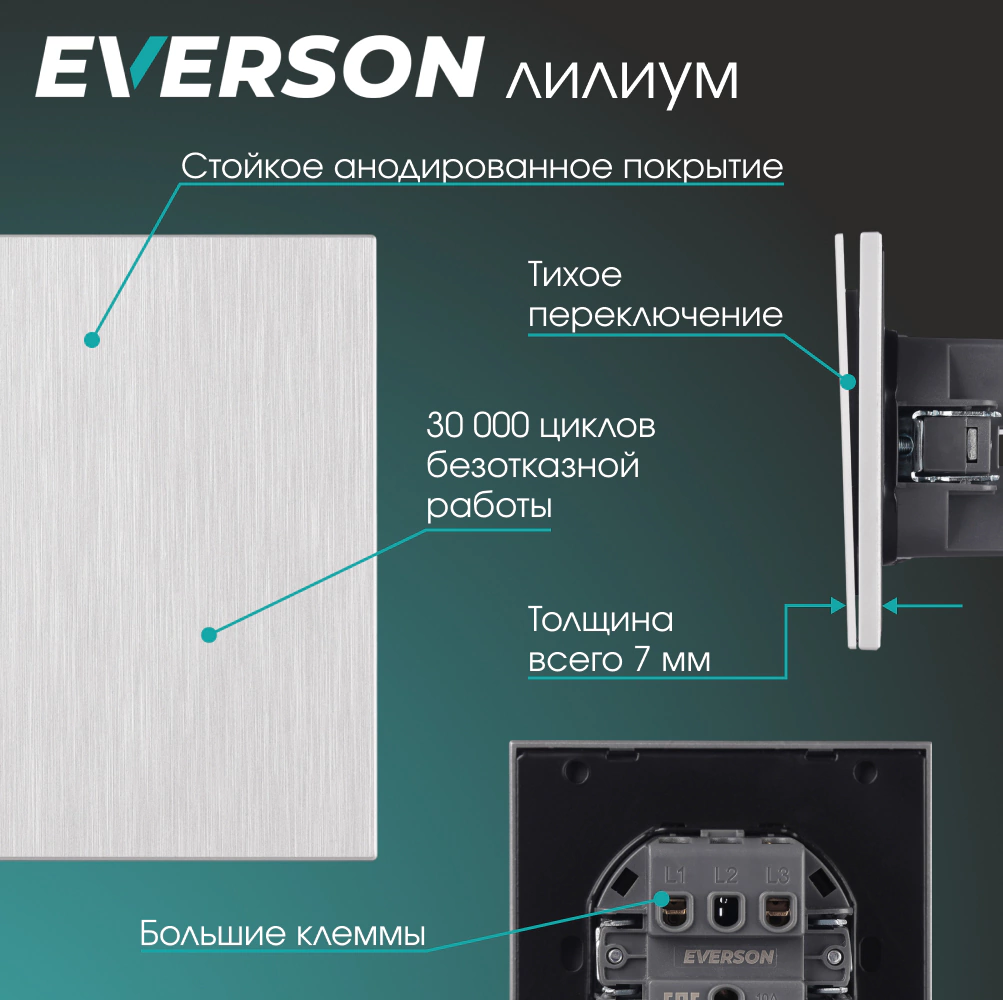 Выключатель двойной рифленый алюминий со скрытой рамкой EVERSON Лилиум