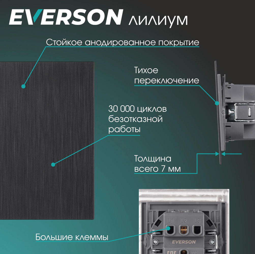 Выключатель черный алюминий без рамки EVERSON Лилиум
