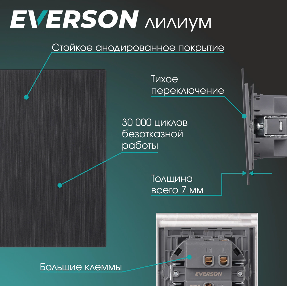 Выключатель проходной черный алюминий без рамки EVERSON Лилиум