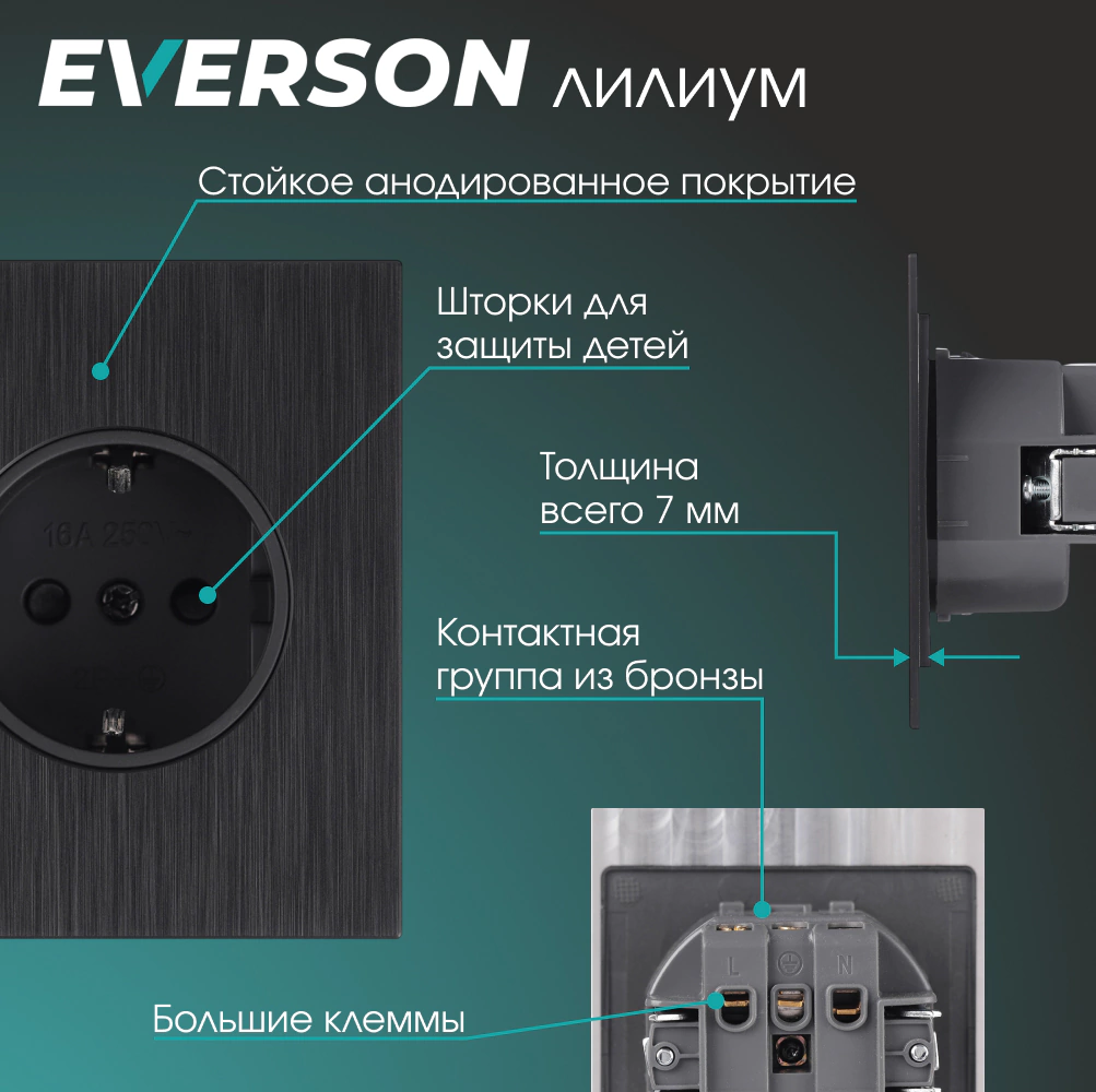 Розетка с заземлением черный алюминий без рамки EVERSON Лилиум
