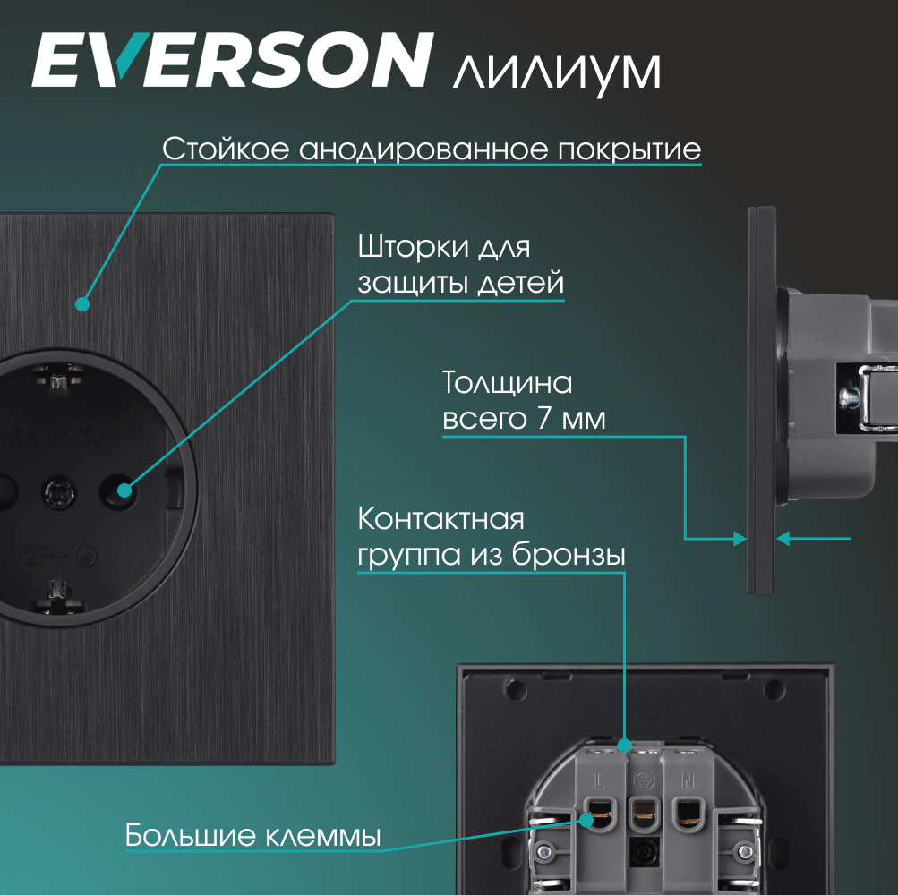 Розетка с заземлением черный алюминий со скрытой рамкой EVERSON Лилиум