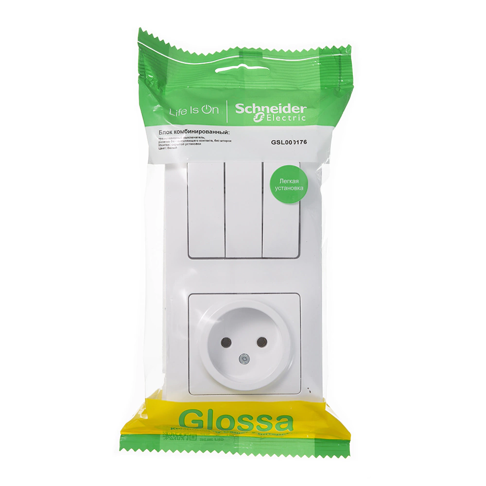 Выключатель трёхклавишный + розетка SE Глосса с рамкой без заземления белый