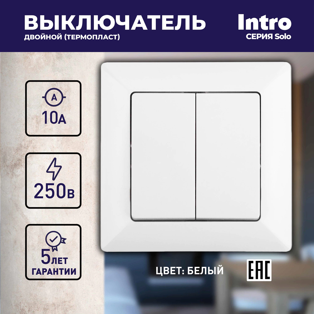 Выключатель двухклавишный Соло Intro белый